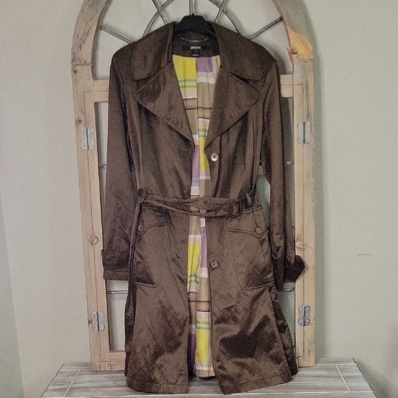 DKNY Olive Trench Coat with Plaid Lining - Picture 1 of 9